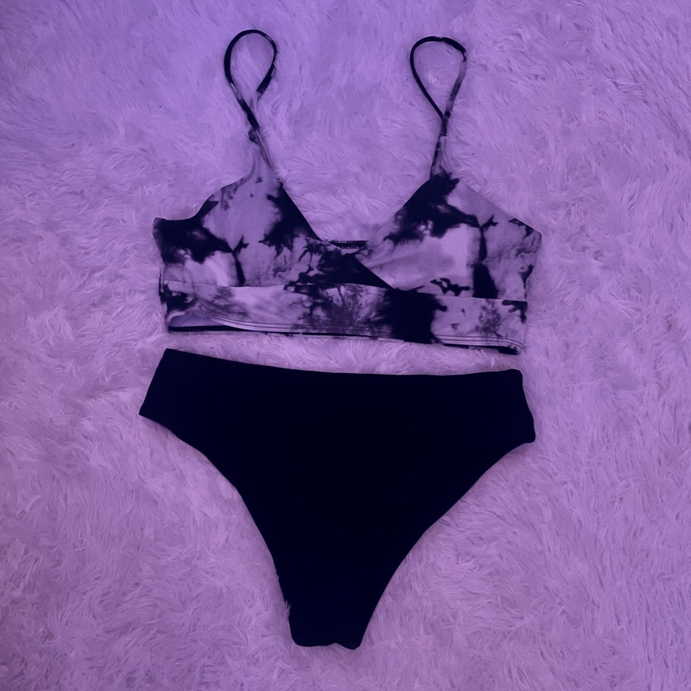 shein black and white marble high waisted bikini